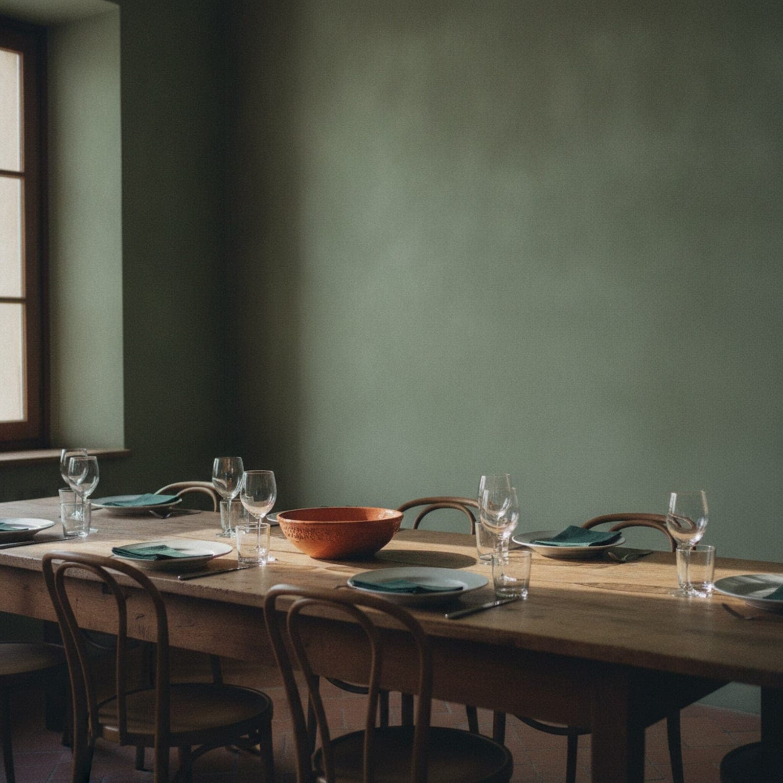 Eine lange Holztafel in einem leeren Gastraum, eingedeckt mit Leinenservietten, hellen Tellern und einer Terrakottaschale; Nachmittagslicht fällt von links durch ein hohes Fenster.