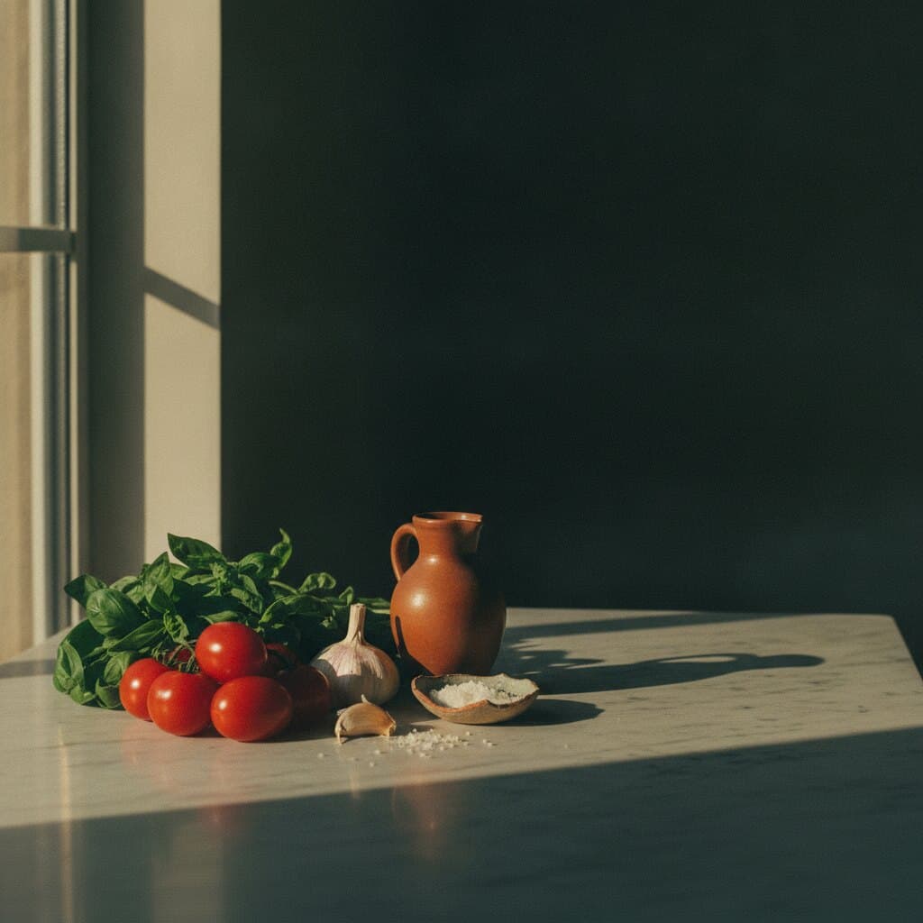 Stillleben auf einer Marmorplatte: reife Tomaten, ein Bund Basilikum, eine Knoblauchknolle, ein Terrakottakrug mit Olivenöl und grobes Salz in einer Schale.