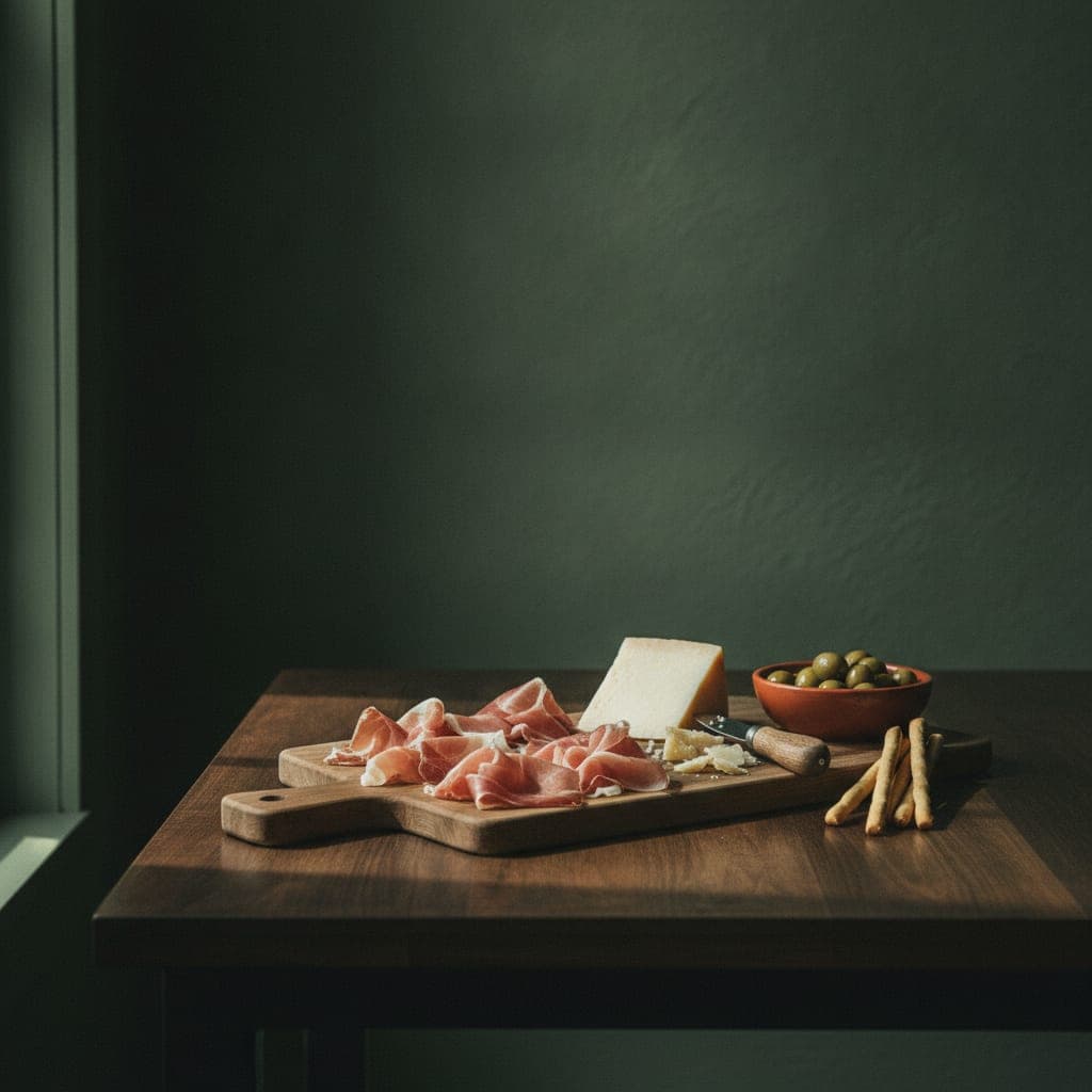 Ein Holzbrett auf dunklem Nussbaumtisch: locker gelegte Scheiben Rohschinken, ein Stück Hartkäse, grüne Oliven in einer Terrakottaschale und Grissini.