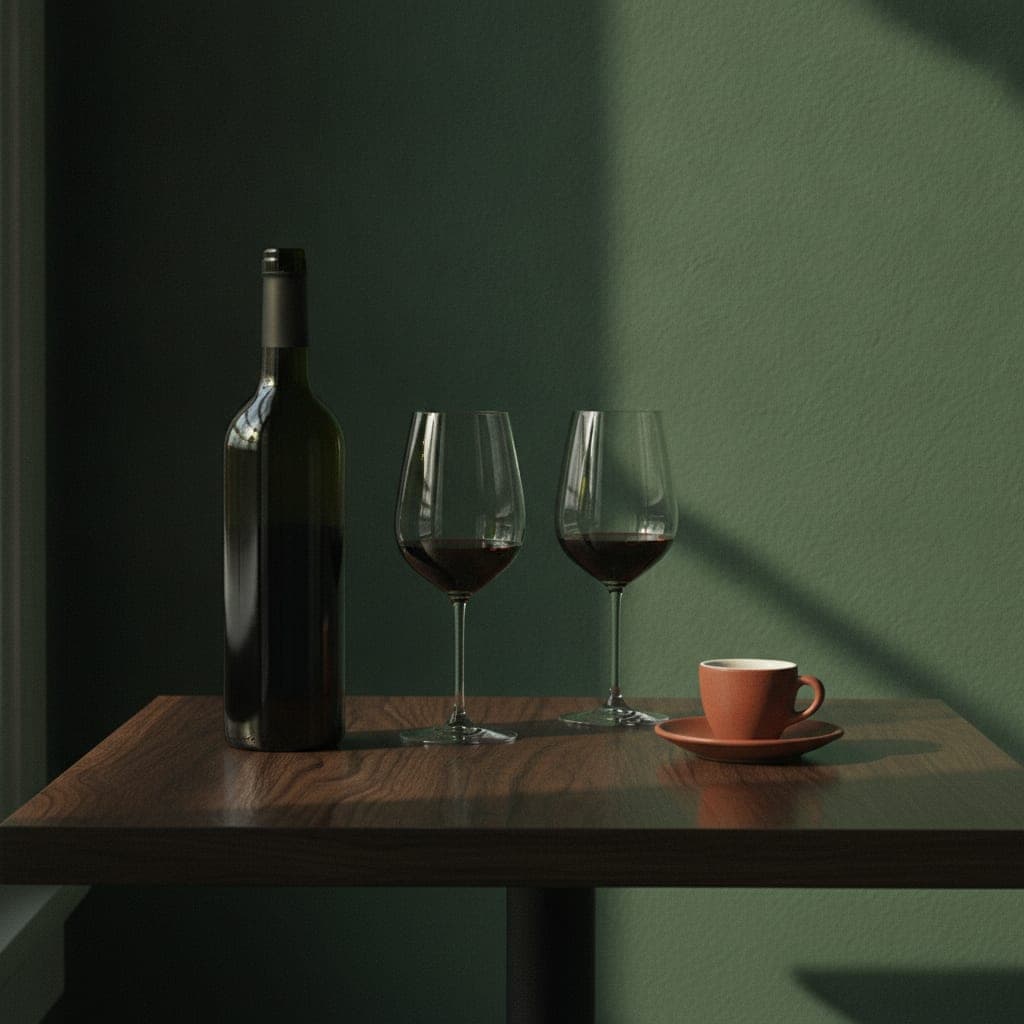 Eine geöffnete Weinflasche ohne Etikett, zwei halbvolle Rotweingläser und eine Espressotasse auf einer Untertasse, auf dunklem Nussbaumholz vor grüner Wand.