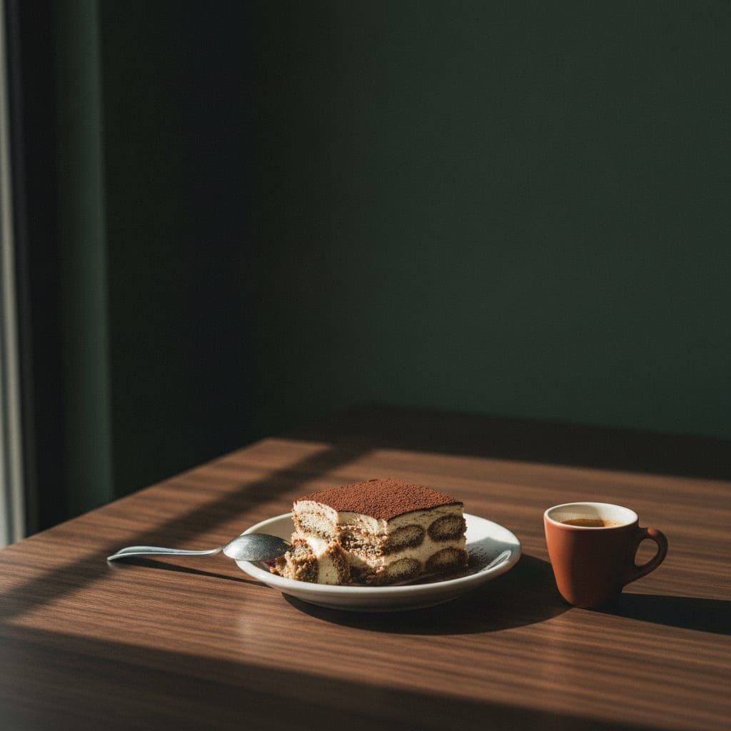 Ein Stück Tiramisù mit Kakao bestäubt auf einem kleinen weissen Teller, daneben ein Dessertlöffel und eine Espressotasse aus Terrakotta.
