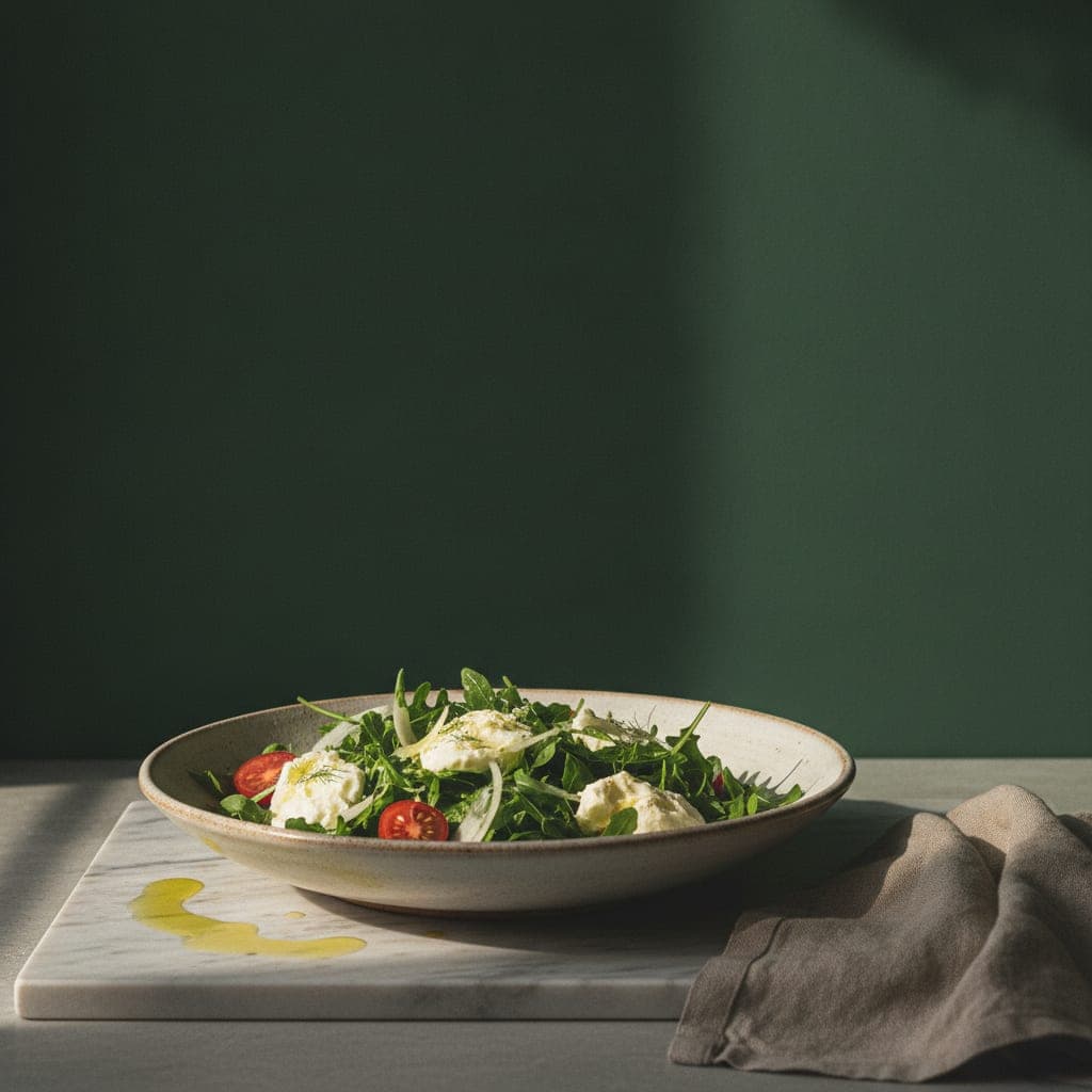 Eine flache Keramikschale mit Rucola, Burrata, dünn gehobeltem Fenchel und halbierten Kirschtomaten auf einer hellen Marmorplatte, daneben eine Leinenserviette.
