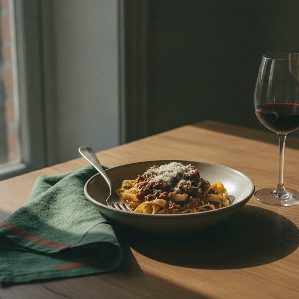 Eine tiefe Keramikschale mit Bandnudeln und Ragù, darüber geriebener Käse, daneben ein Glas Rotwein und eine grüne Leinenserviette auf einem Holztisch.