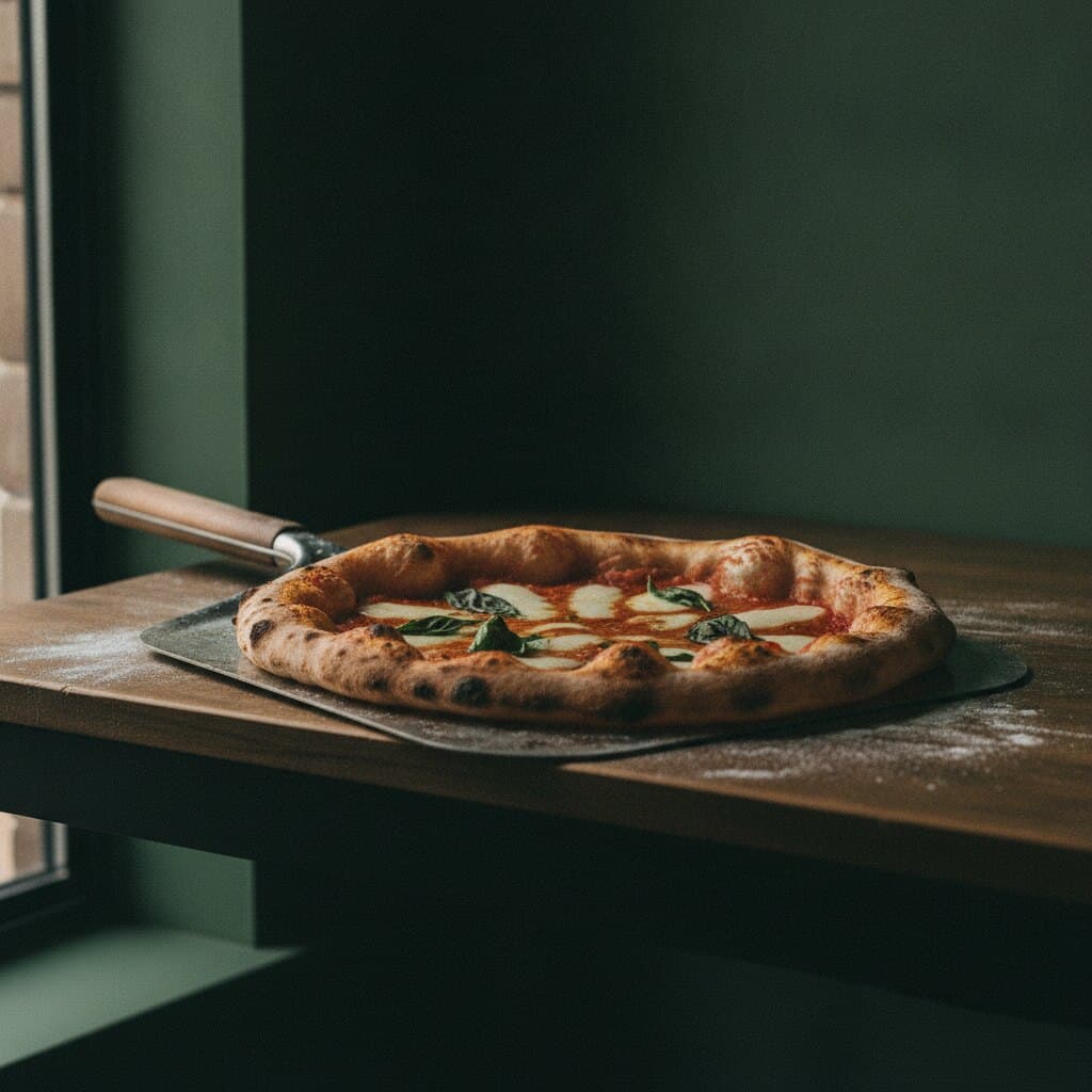 Eine neapolitanische Pizza Margherita mit blasigem Rand auf einem Stahlschieber, der auf einer Holzarbeitsplatte aufliegt, darunter etwas Mehl.