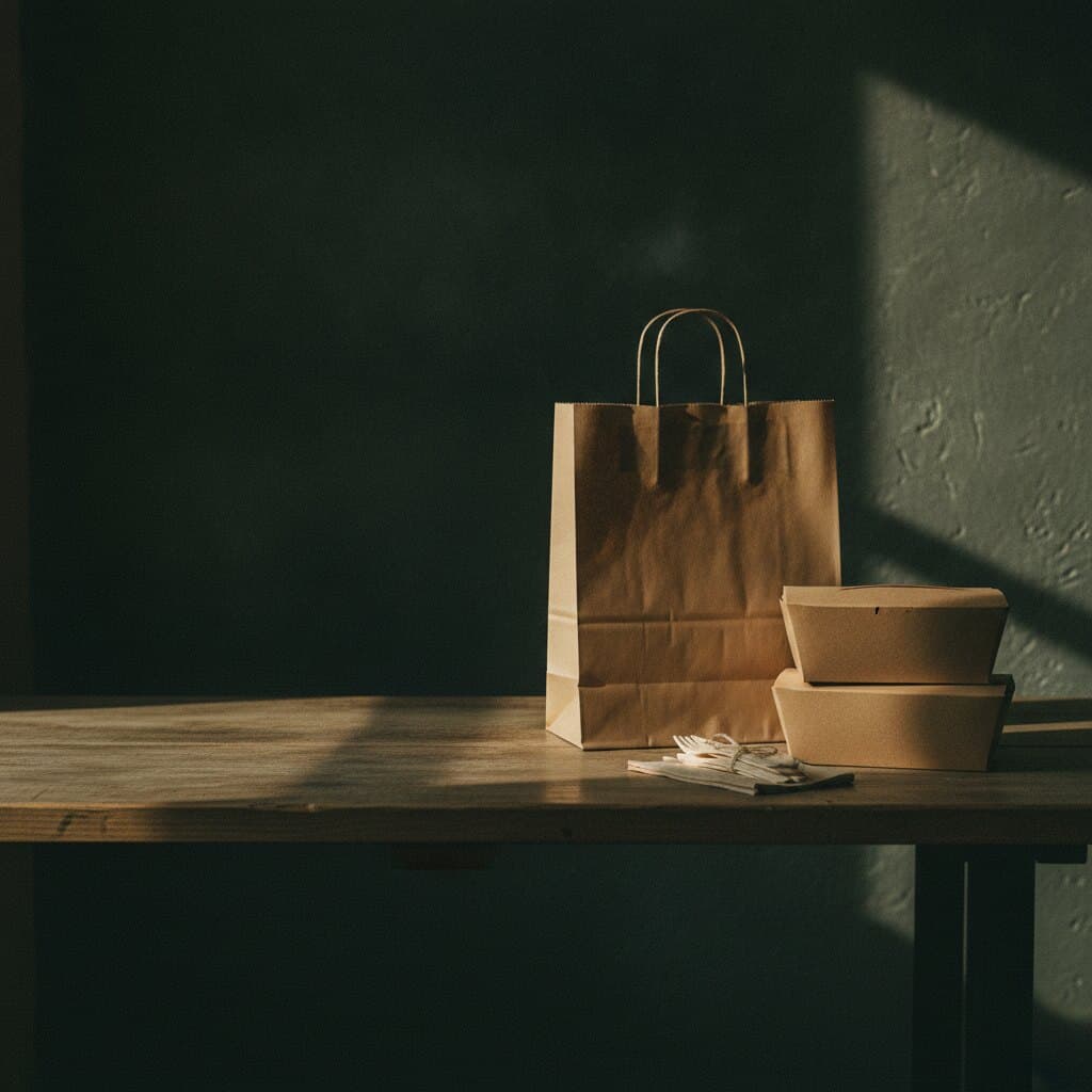 Eine braune Papiertüte und zwei geschlossene Kraftpapier-Boxen ohne Aufdruck auf einem Holztresen, daneben eine gefaltete Serviette und Holzbesteck.