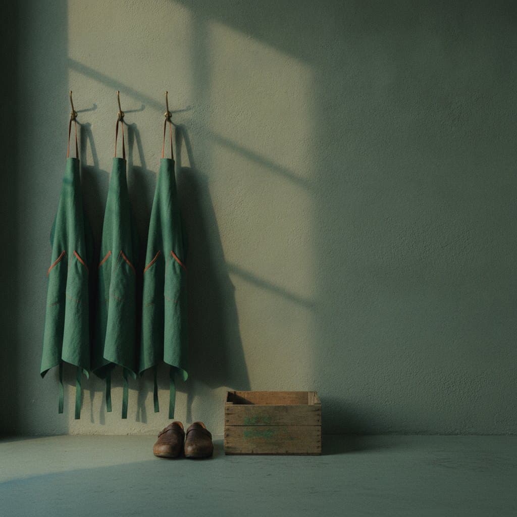 Drei gefaltete Leinenschürzen hängen an Messinghaken an einer Putzwand, darunter ein Paar Küchenclogs und eine Holzkiste.