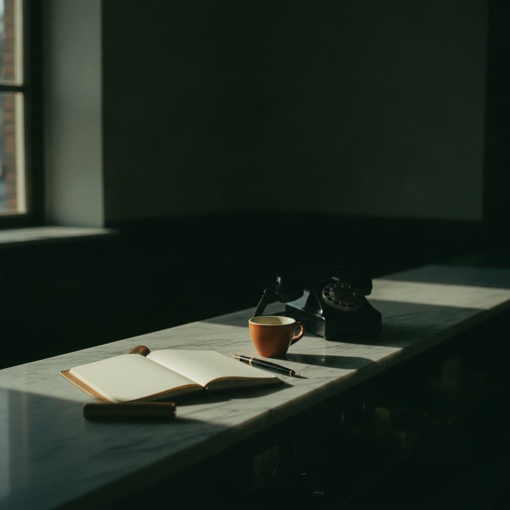 Ein Marmortresen mit einem schwarzen Wählscheibentelefon, einem aufgeschlagenen Buch mit leeren Seiten, einem Füller und einer Terrakotta-Espressotasse.